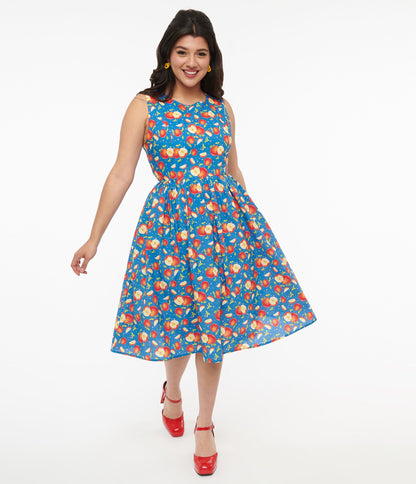 1950s Blue & Red Apple Print Cotton Swing Dress - Unique Vintage - Womens, DRESSES, FIT AND FLARE