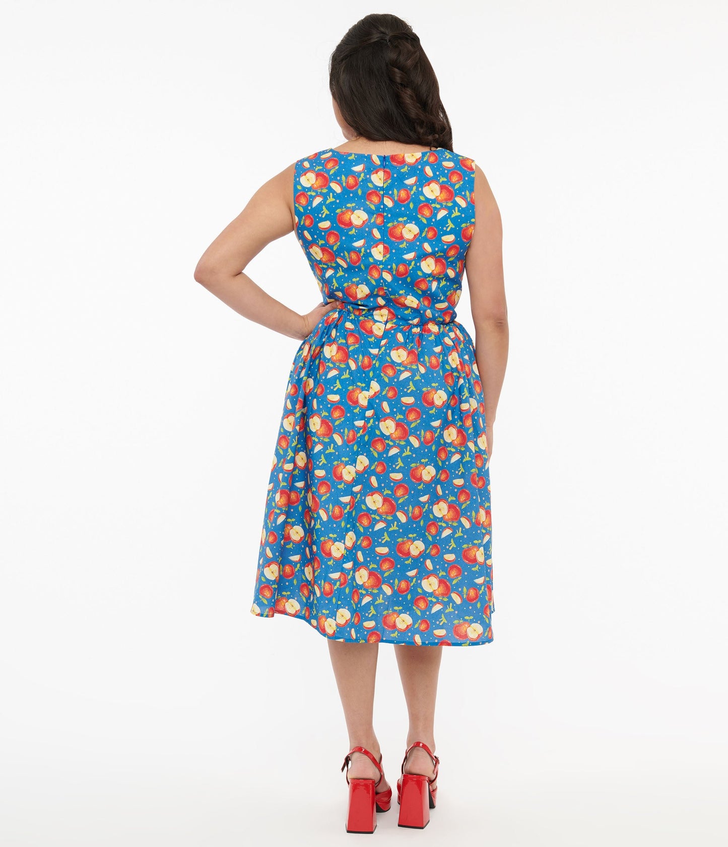 1950s Blue & Red Apple Print Cotton Swing Dress - Unique Vintage - Womens, DRESSES, FIT AND FLARE