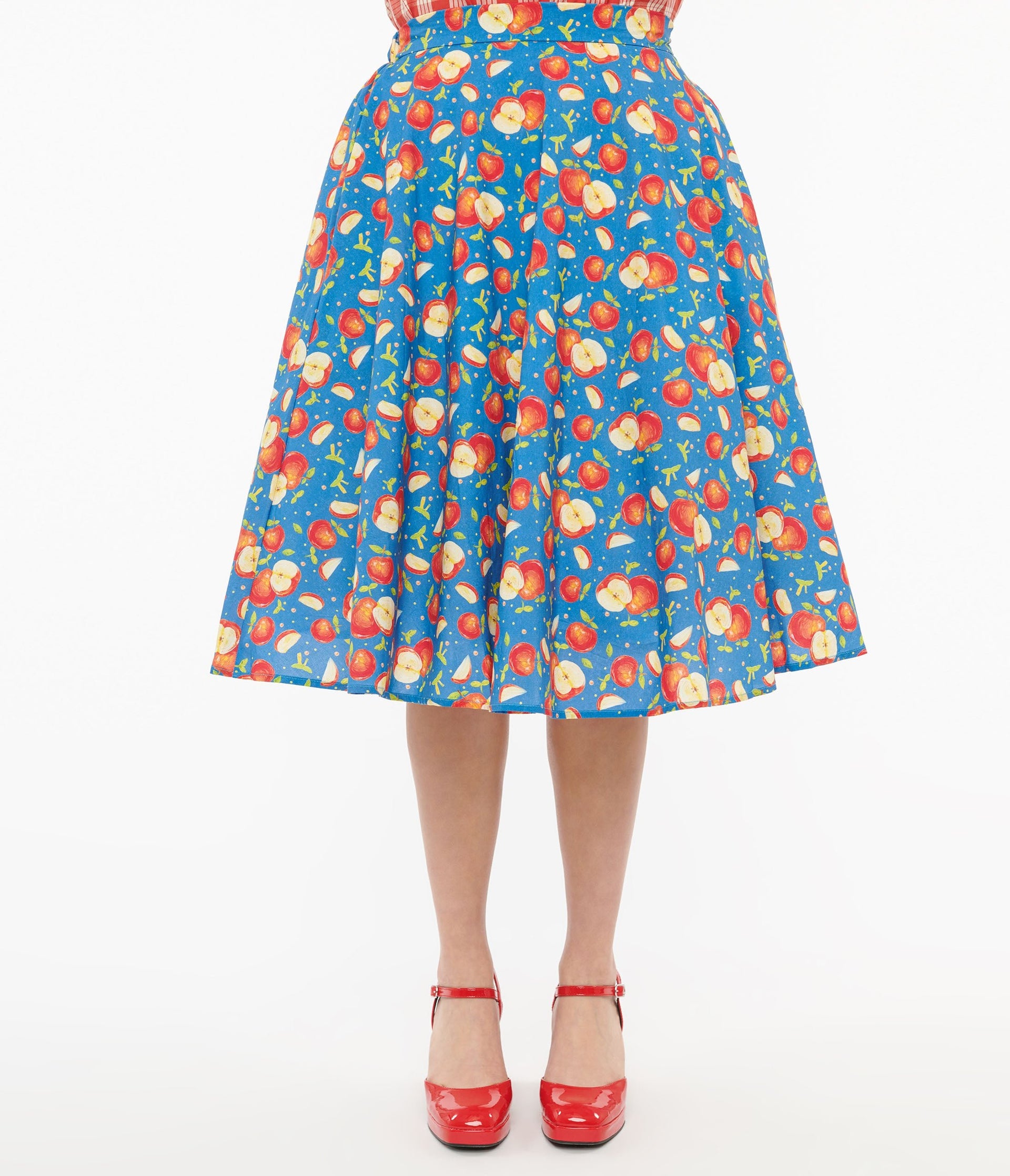 1950s Blue & Red Apple Print Swing Skirt - Unique Vintage - Womens, BOTTOMS, SKIRTS