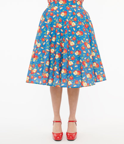 1950s Blue & Red Apple Print Swing Skirt - Unique Vintage - Womens, BOTTOMS, SKIRTS