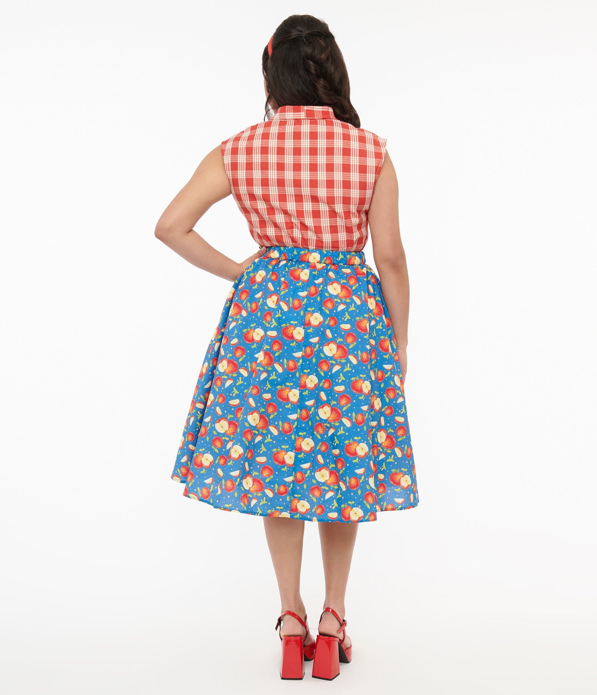 1950s Blue & Red Apple Print Swing Skirt - Unique Vintage - Womens, BOTTOMS, SKIRTS