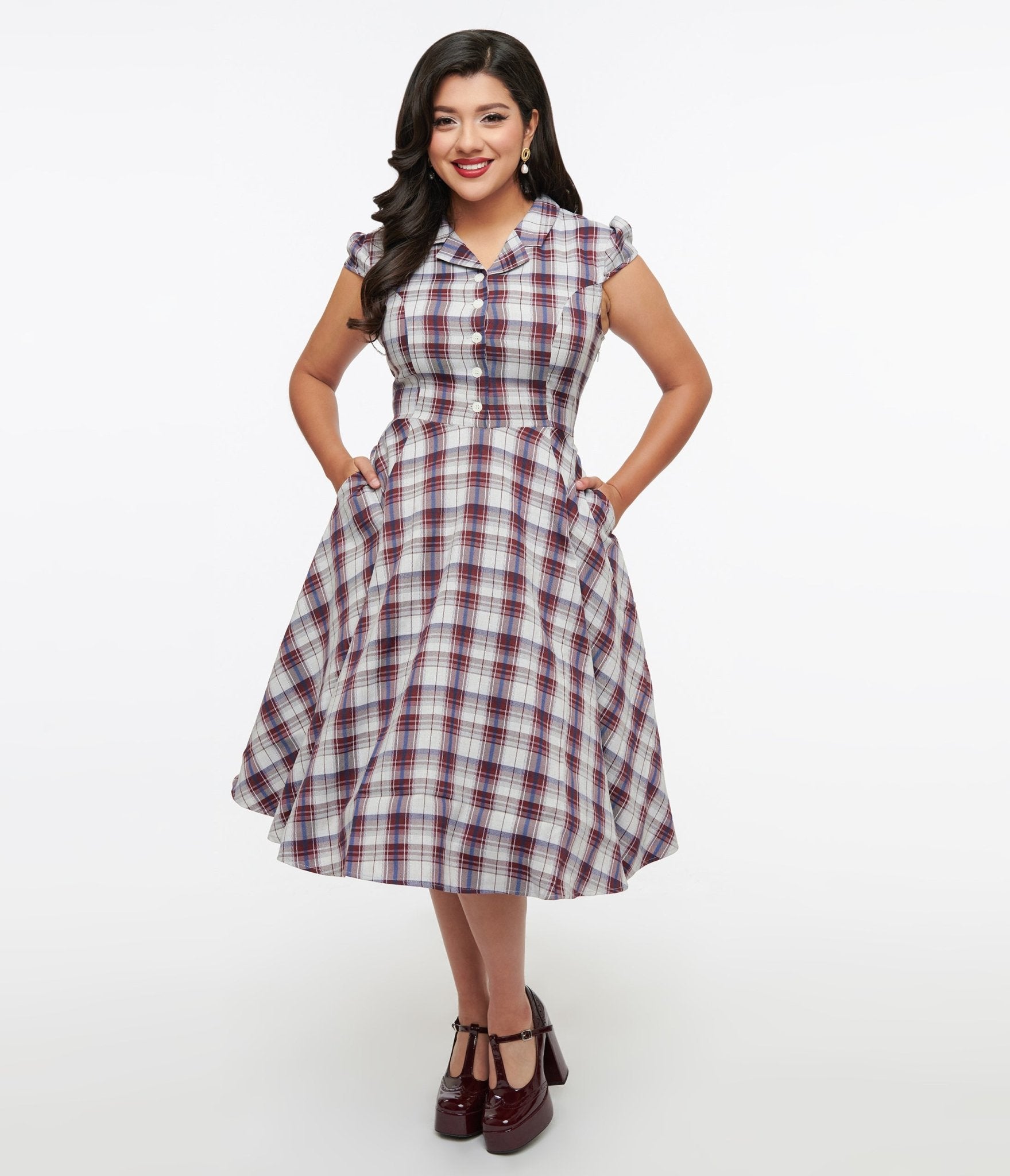 1950s Brown & Blue Plaid Swing Dress - Unique Vintage - Womens, DRESSES, SWING