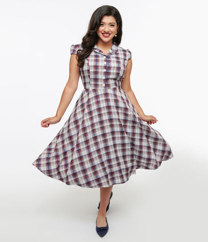 1950s Brown & Blue Plaid Swing Dress - Unique Vintage - Womens, DRESSES, SWING