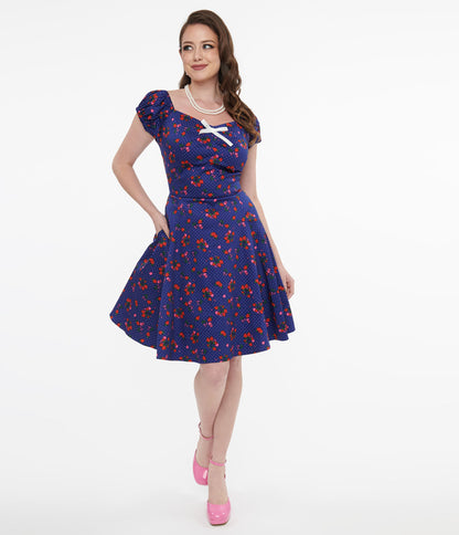 1950s Collectif Blue & Mixed Berries Print Dolores Mini Dress - Unique Vintage - Womens, DRESSES, FIT AND FLARE