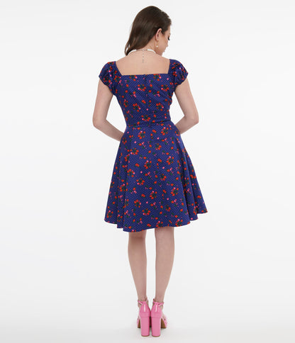 1950s Collectif Blue & Mixed Berries Print Dolores Mini Dress - Unique Vintage - Womens, DRESSES, FIT AND FLARE