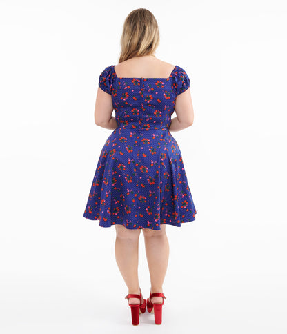 1950s Collectif Plus Size Blue & Mixed Berries Print Dolores Mini Dress - Unique Vintage - Womens, DRESSES, FIT AND FLARE