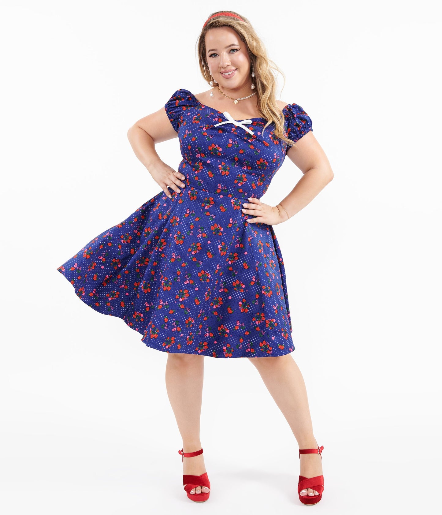 1950s Collectif Plus Size Blue & Mixed Berries Print Dolores Mini Dress - Unique Vintage - Womens, DRESSES, FIT AND FLARE