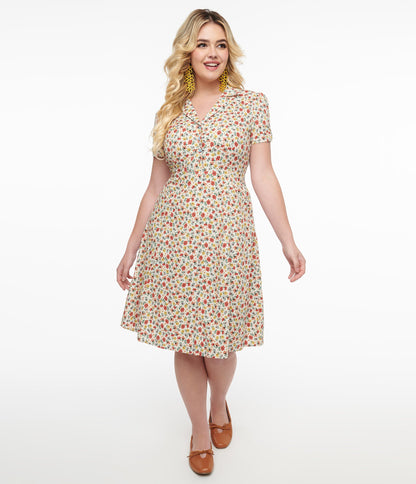 1950s Cream & Multicolor Floral Fit & Flare Dress - Unique Vintage - Womens, DRESSES, FIT AND FLARE