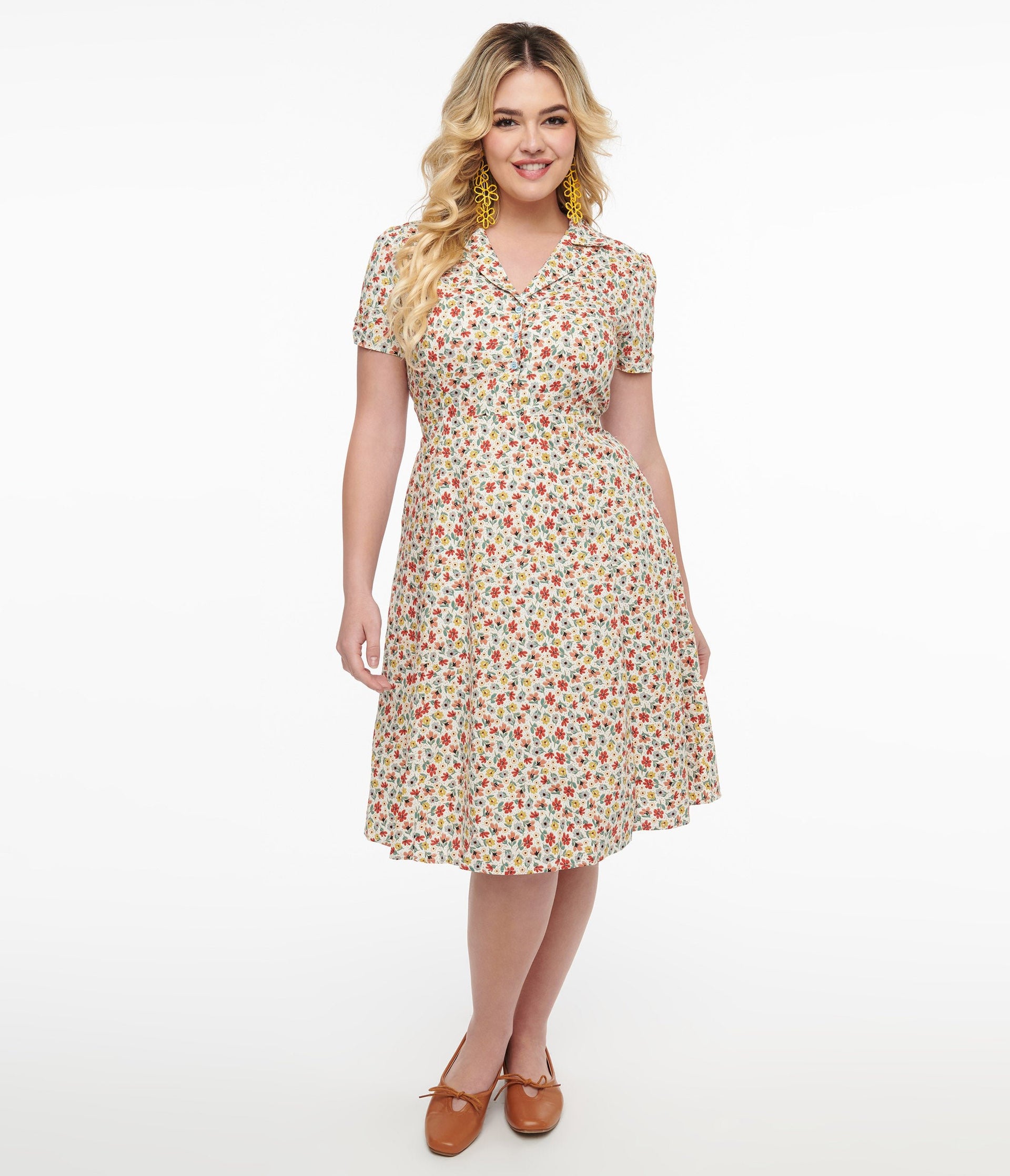 1950s Cream & Multicolor Floral Fit & Flare Dress - Unique Vintage - Womens, DRESSES, FIT AND FLARE