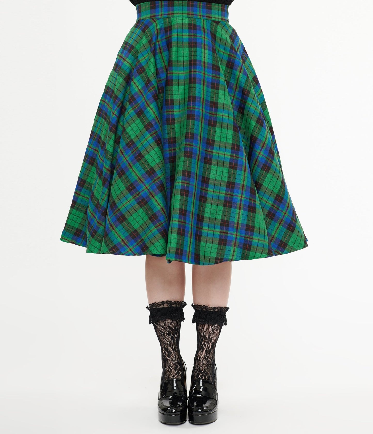 1950's Green & Blue Winter Check Swing Skirt - Unique Vintage - Womens, BOTTOMS, SKIRTS