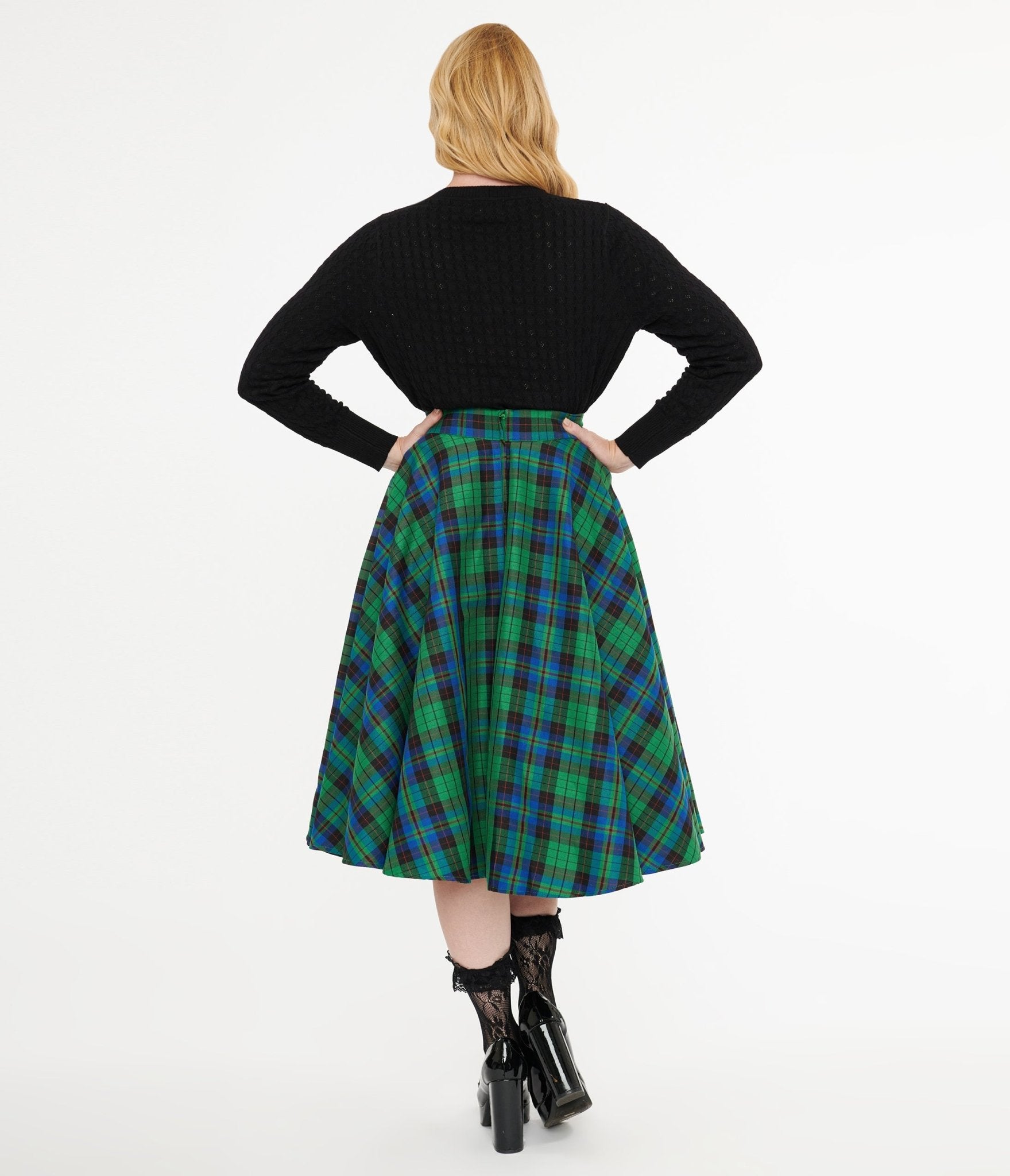 1950's Green & Blue Winter Check Swing Skirt - Unique Vintage - Womens, BOTTOMS, SKIRTS