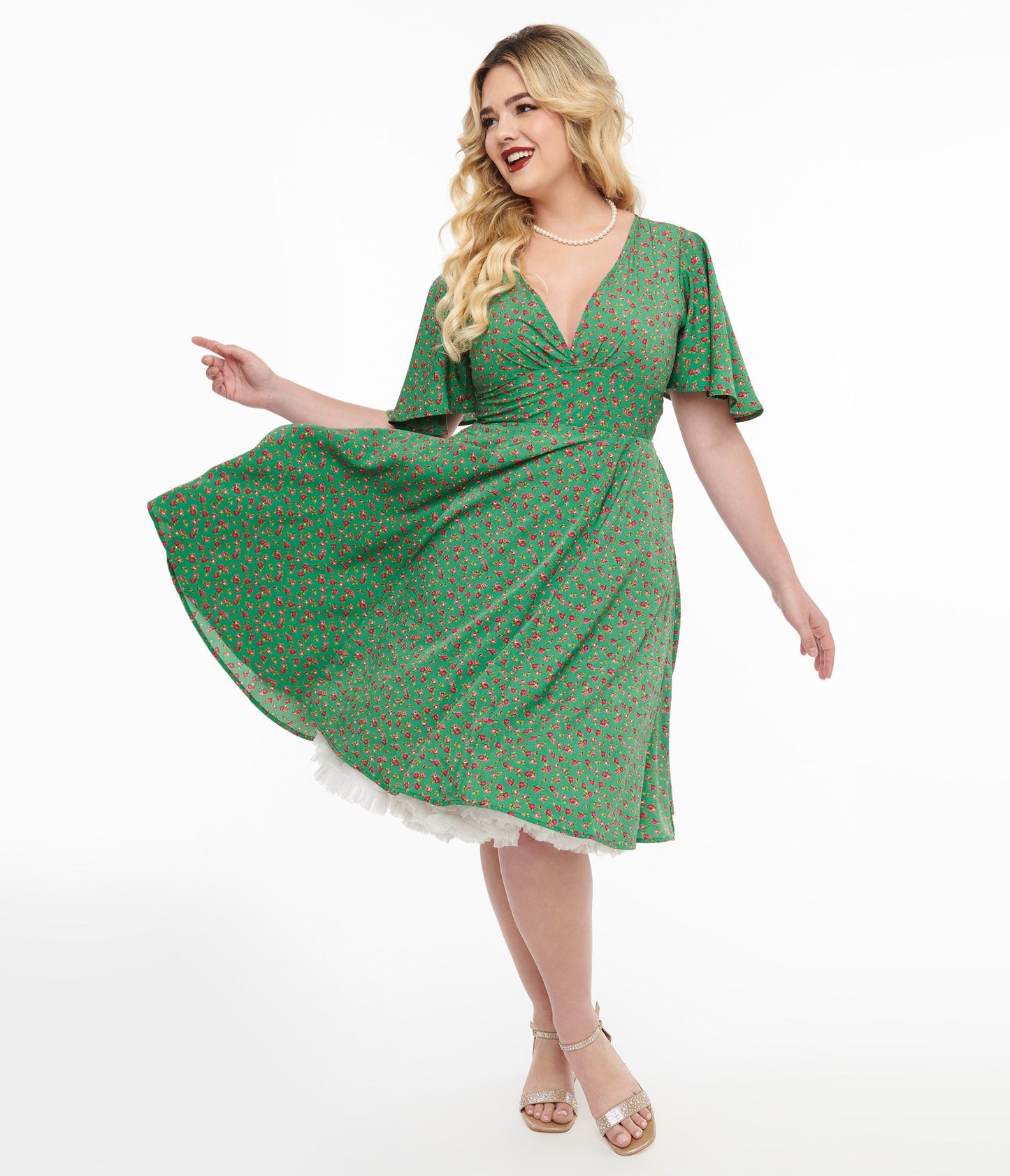 1950s Green & Pink Rose Fit & Flare Dress - Unique Vintage - Womens, DRESSES, FIT AND FLARE