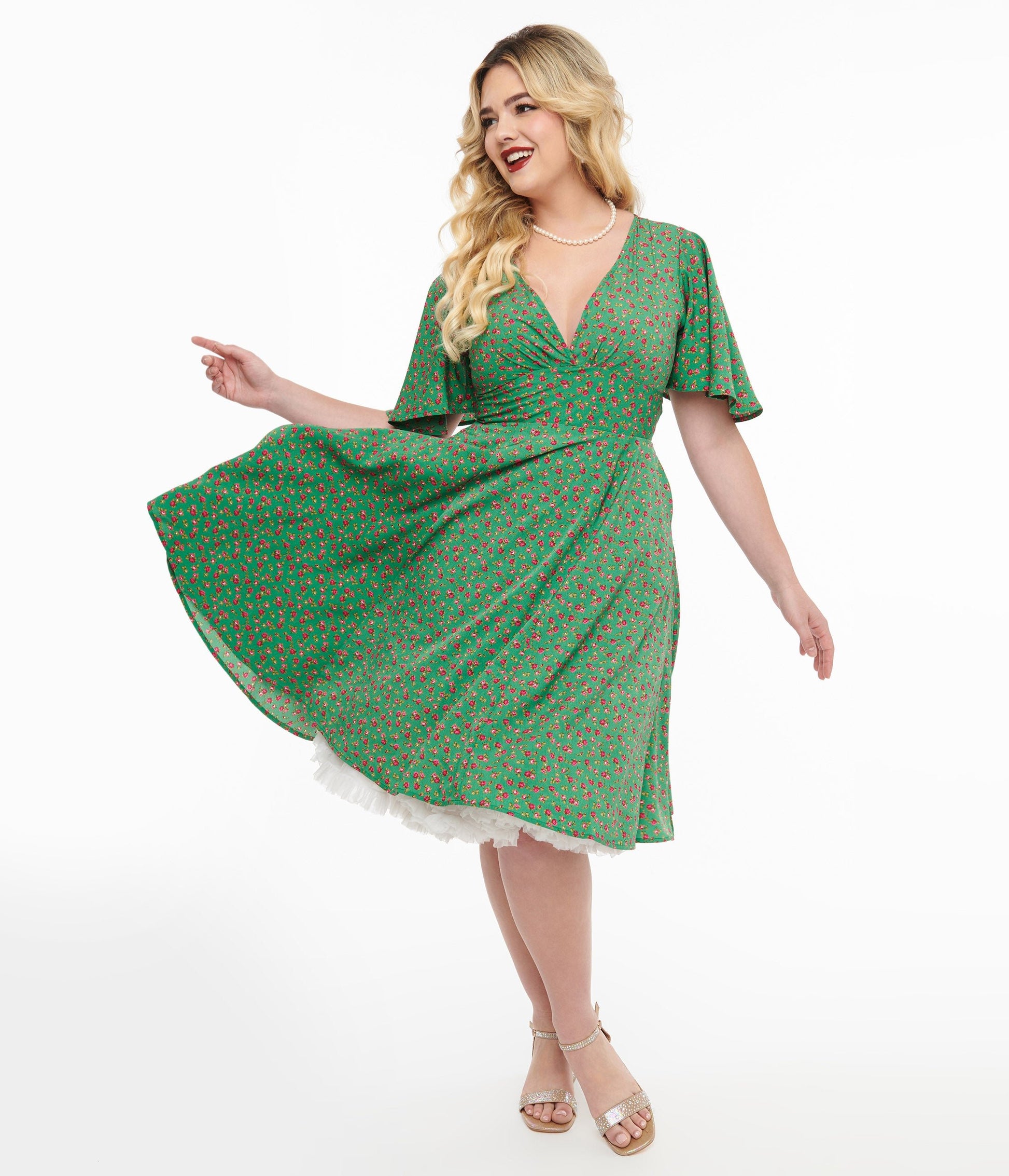 1950s Green & Pink Rose Fit & Flare Dress - Unique Vintage - Womens, DRESSES, FIT AND FLARE