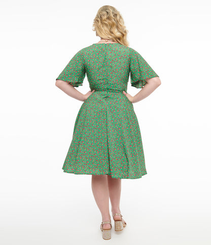 1950s Green & Pink Rose Fit & Flare Dress - Unique Vintage - Womens, DRESSES, FIT AND FLARE