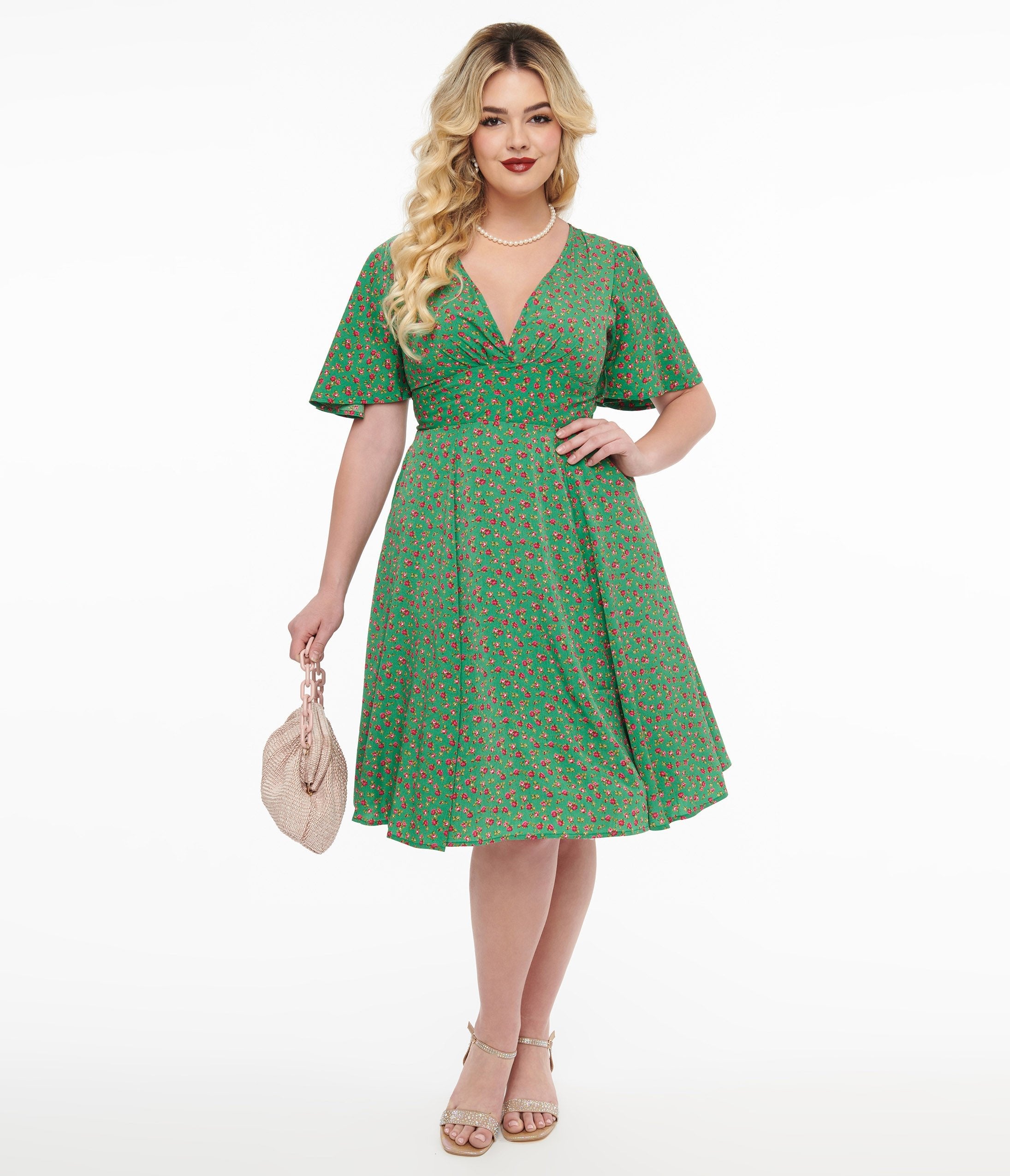 1950s Green Pink Rose Fit Flare Dress Unique Vintage