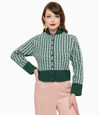 1950s Green & White Houndstooth Hattie Cardigan - Unique Vintage - Womens, TOPS, SWEATERS