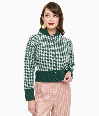 1950s Green & White Houndstooth Hattie Cardigan - Unique Vintage - Womens, TOPS, SWEATERS