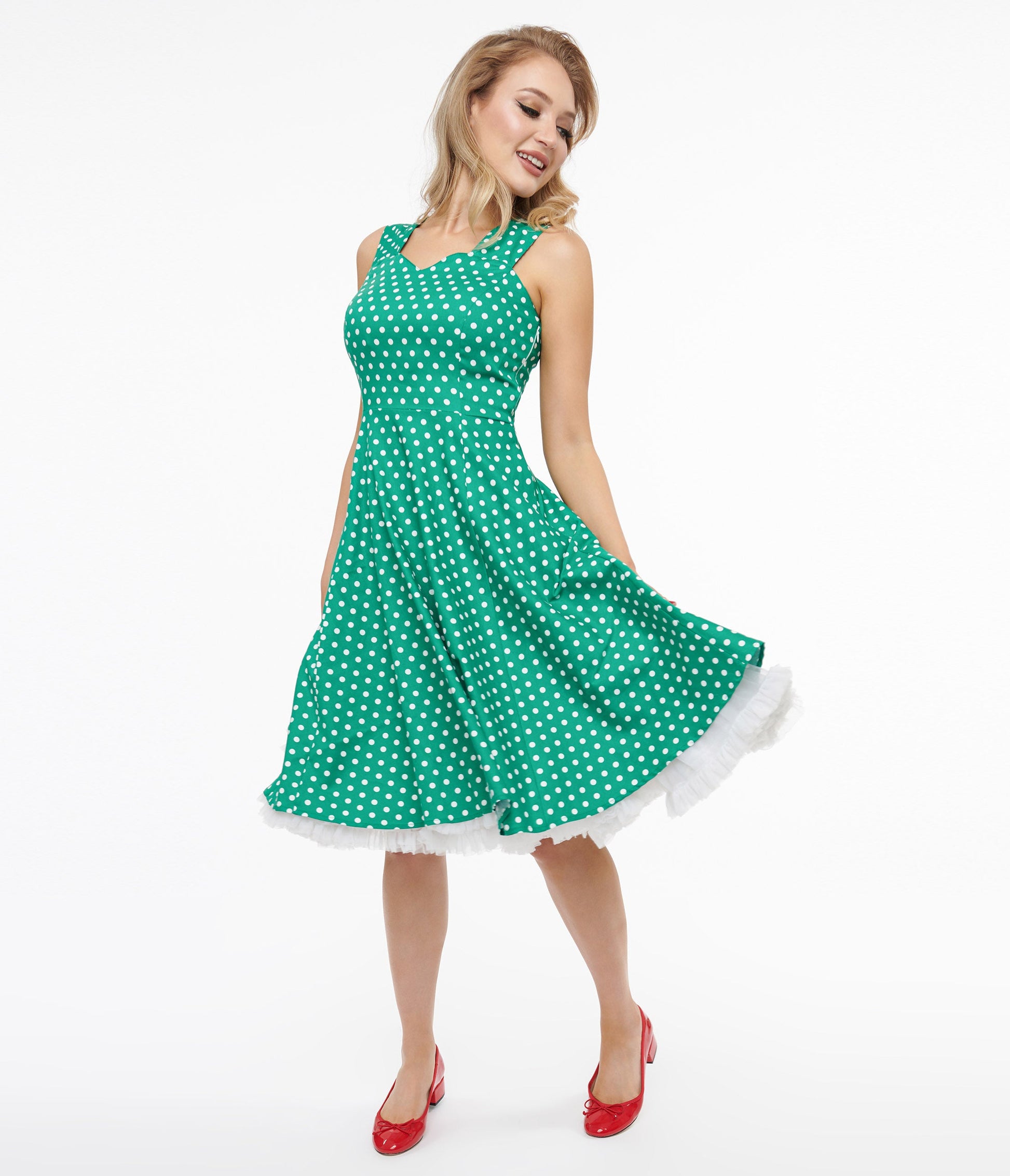 1950s Green & White Polka Dot Cotton Swing Dress - Unique Vintage - Womens, DRESSES, FIT AND FLARE
