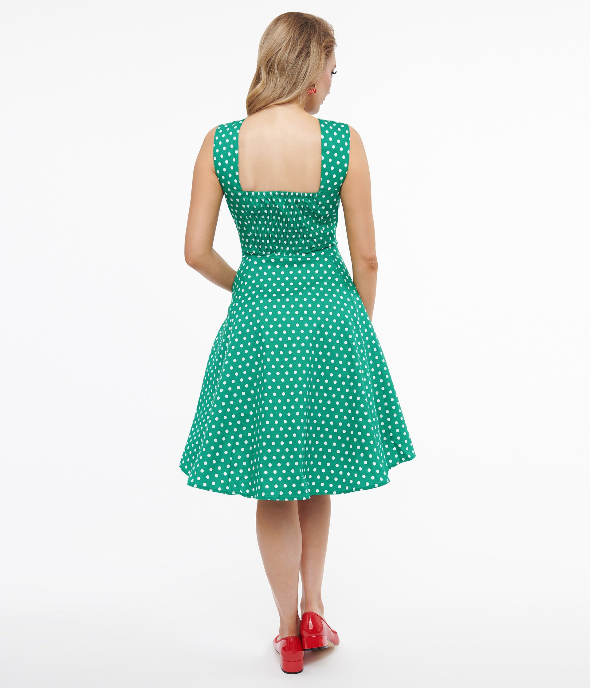 1950s Green & White Polka Dot Cotton Swing Dress - Unique Vintage - Womens, DRESSES, FIT AND FLARE