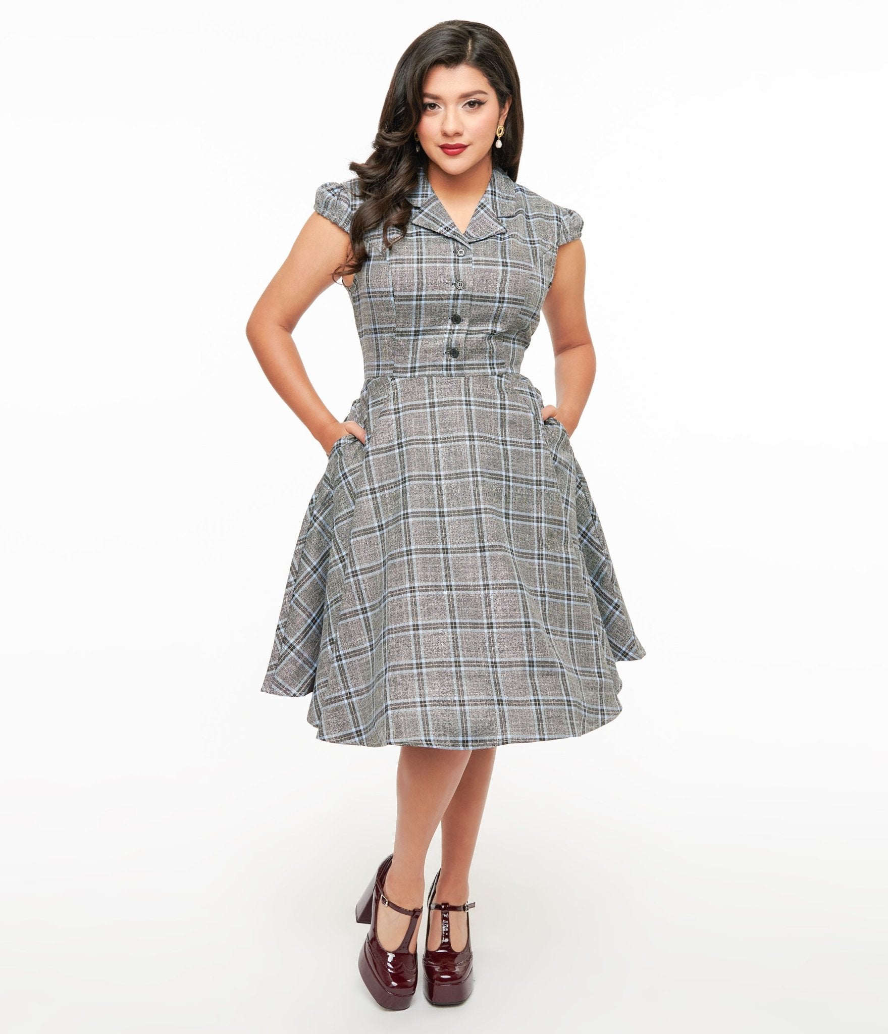 1950s Grey & Blue Plaid Swing Dress - Unique Vintage - Womens, DRESSES, SWING