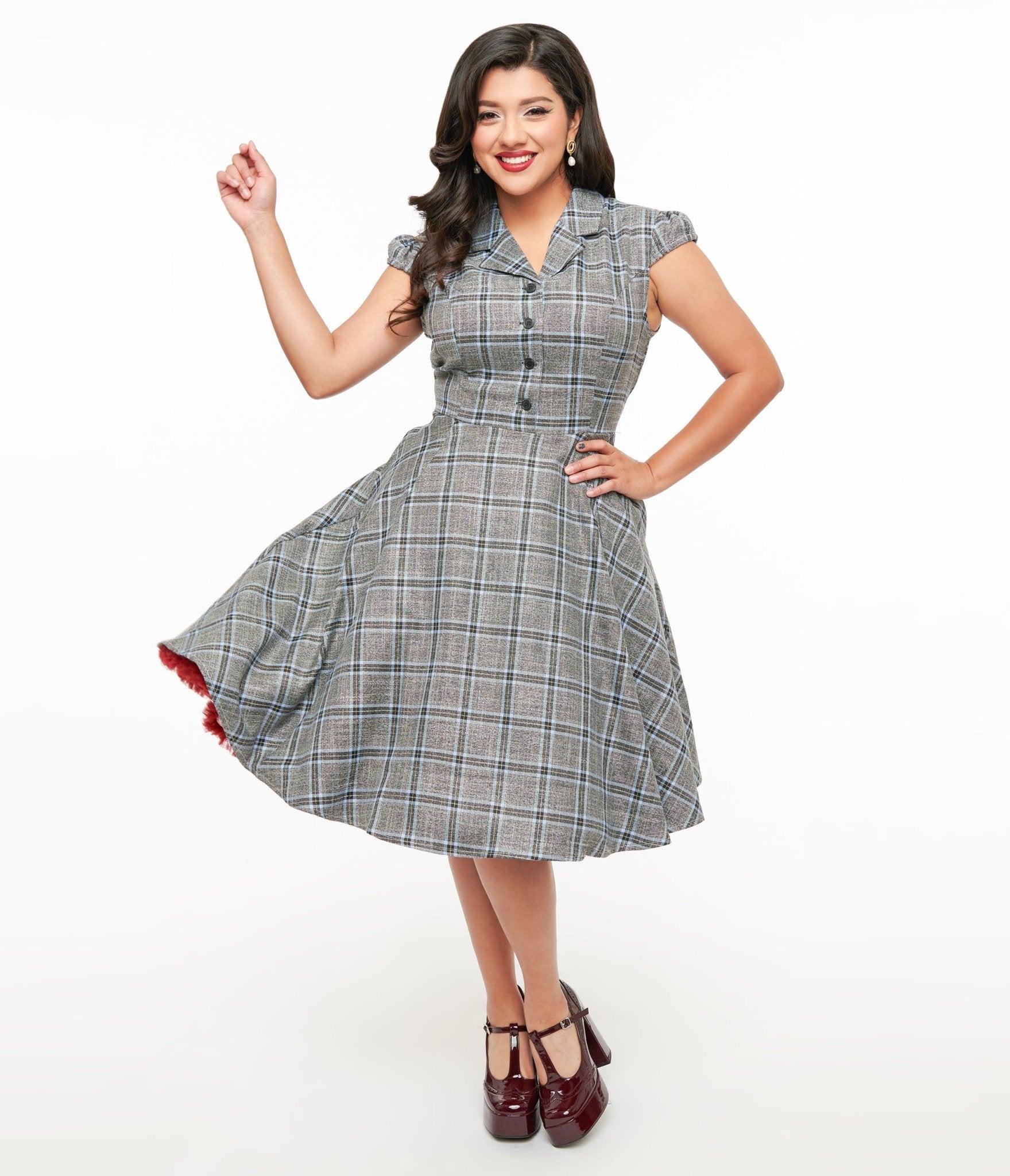 1950s Grey & Blue Plaid Swing Dress - Unique Vintage - Womens, DRESSES, SWING