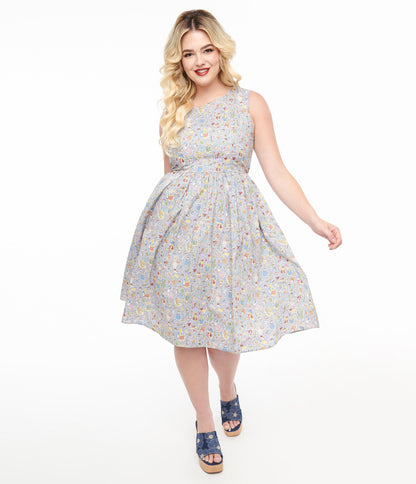 1950s Ice Blue Wonderland Print Fit & Flare Dress - Unique Vintage - Womens, DRESSES, FIT AND FLARE