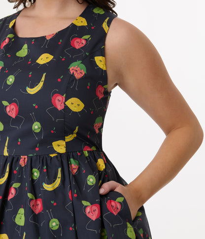 1950s Navy & Fruit Print Sleeveless Cotton Swing Dress - Unique Vintage - Womens, DRESSES, SWING