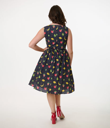 1950s Navy & Fruit Print Sleeveless Cotton Swing Dress - Unique Vintage - Womens, DRESSES, SWING