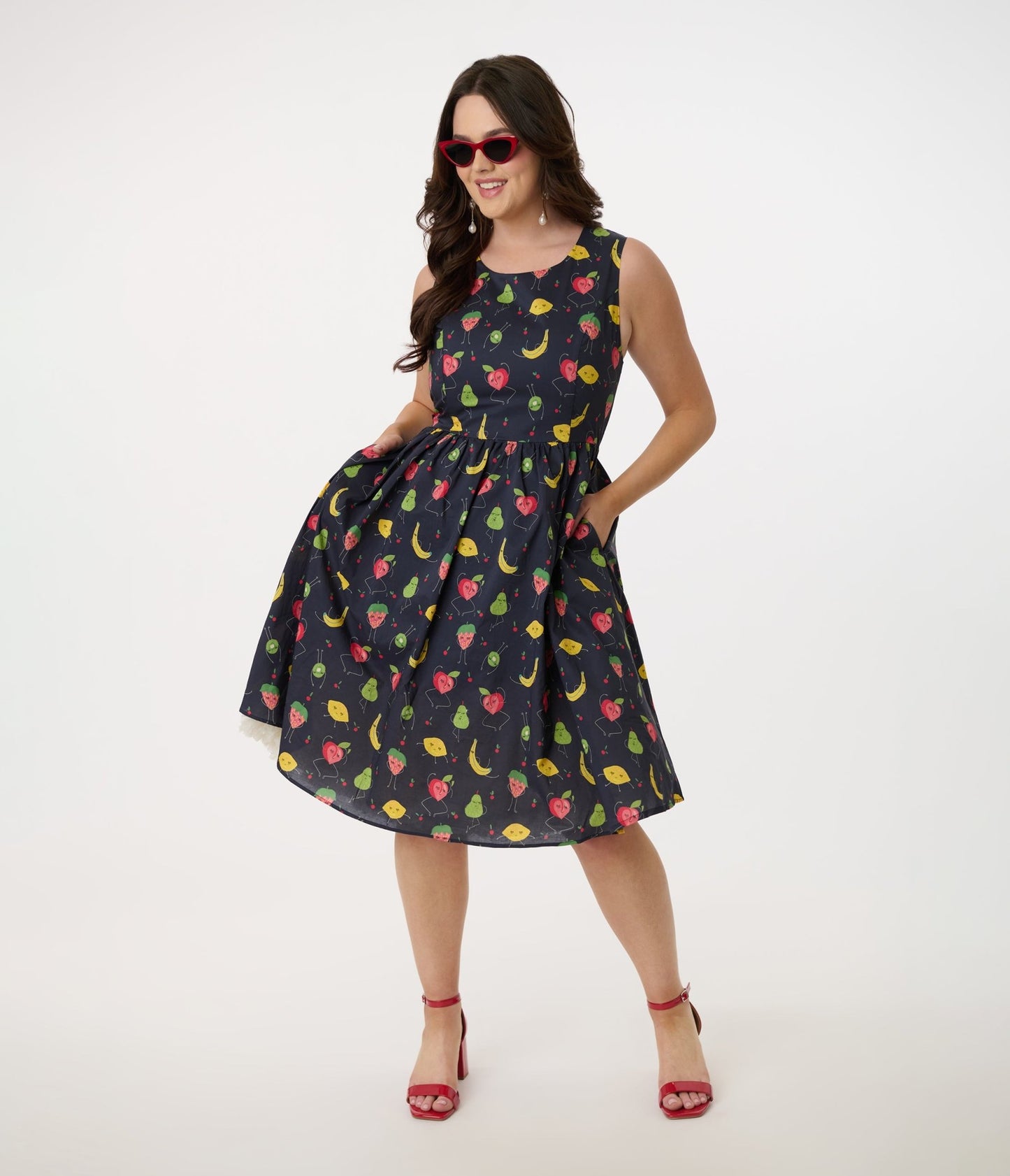 1950s Navy & Fruit Print Sleeveless Cotton Swing Dress - Unique Vintage - Womens, DRESSES, SWING