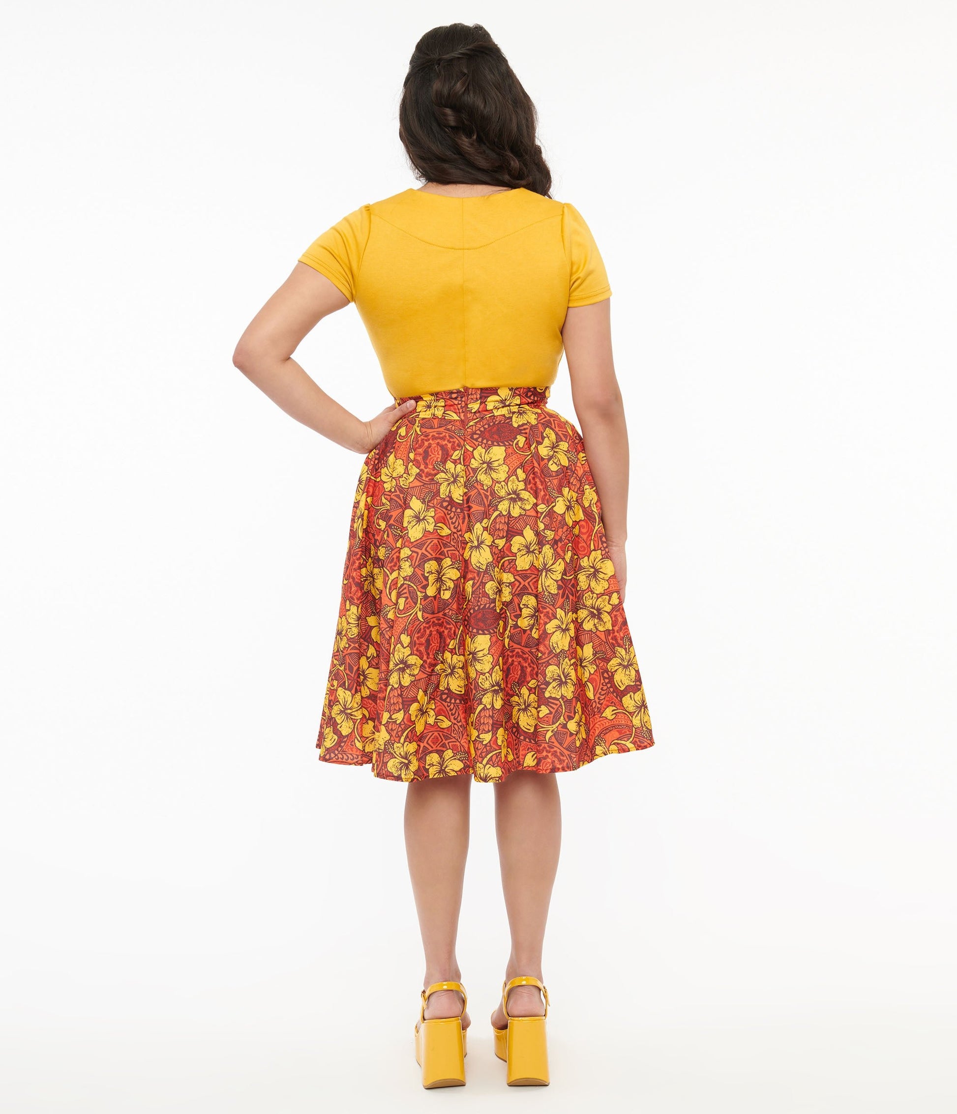 1950s Orange & Yellow Tropical Floral Mimosa Swing Skirt - Unique Vintage - Womens, BOTTOMS, SKIRTS