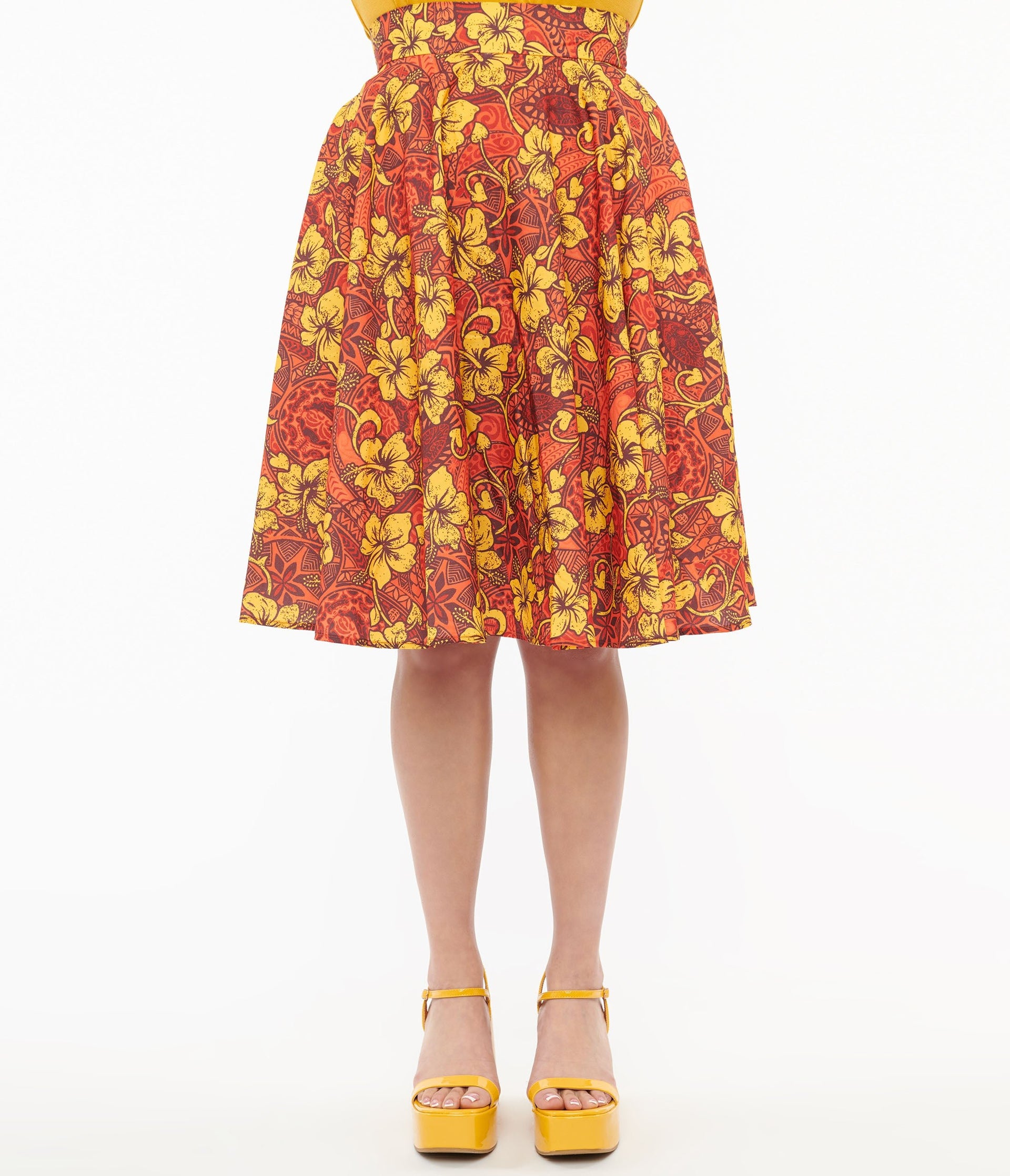 1950s Orange & Yellow Tropical Floral Mimosa Swing Skirt - Unique Vintage - Womens, BOTTOMS, SKIRTS