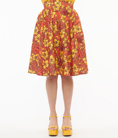 1950s Orange & Yellow Tropical Floral Mimosa Swing Skirt - Unique Vintage - Womens, BOTTOMS, SKIRTS