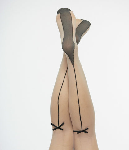 1950s Seamed Thigh Stocking with Black Back Bow - Unique Vintage - Womens, ACCESSORIES, HOSIERY