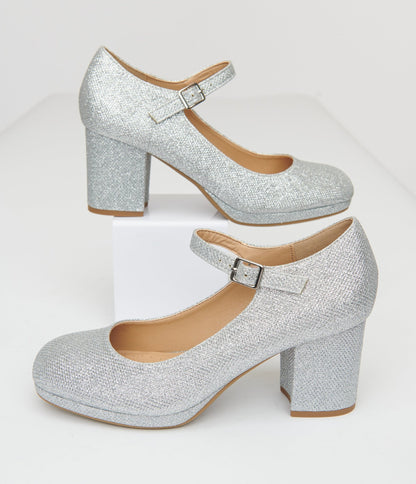 1950s Silver Square Toe Mary Jane Pumps - Unique Vintage - Womens, SHOES, HEELS