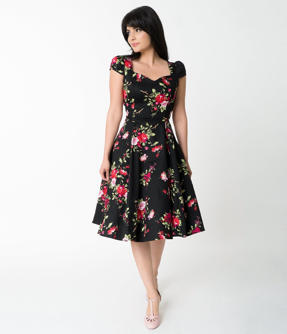 1950s Style Black Floral Cap Sleeve Royal Ballet Swing Dress – Unique ...