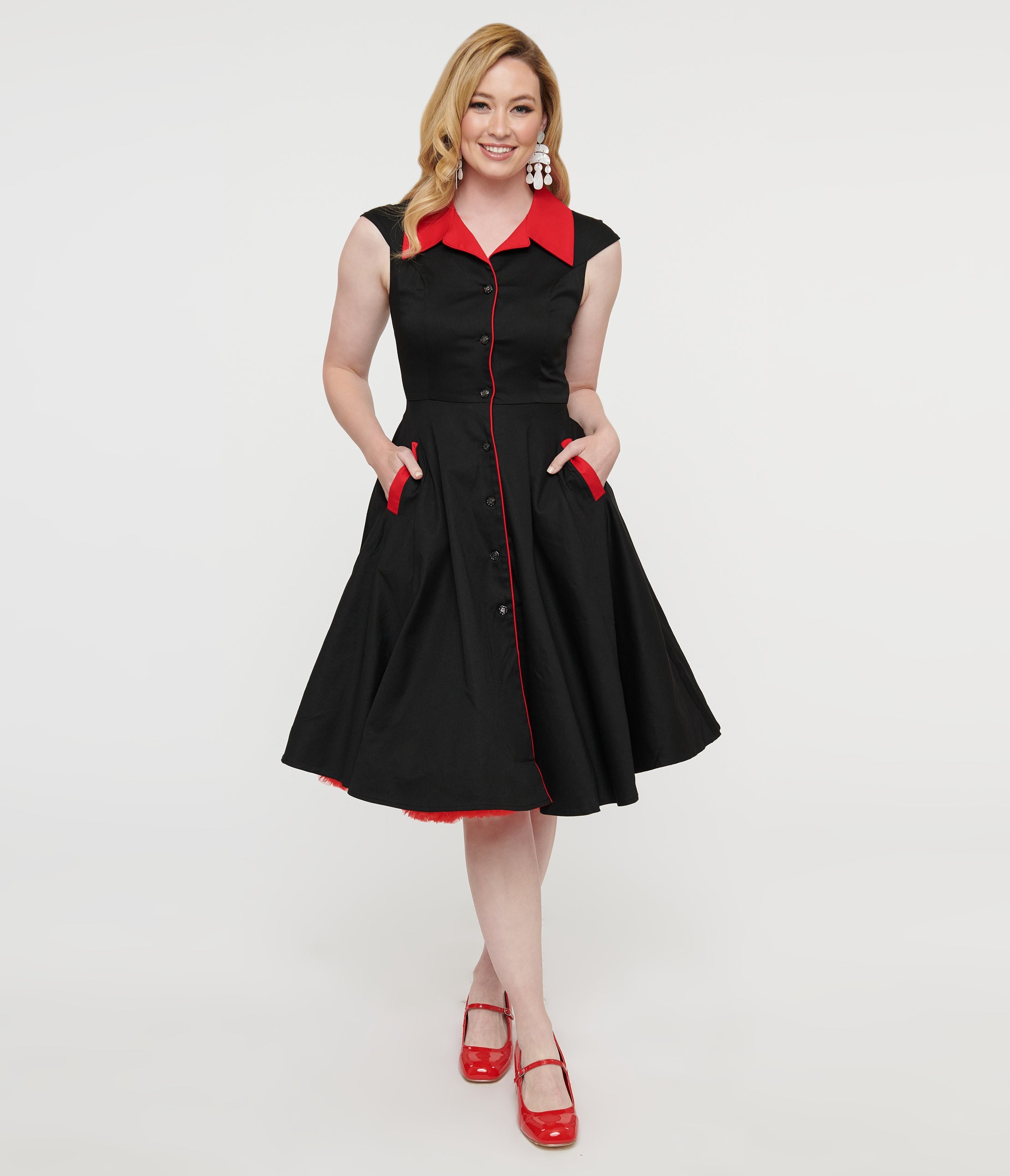 1950s Style Black Red Cap Sleeve Button Up Diablo Swing Dress