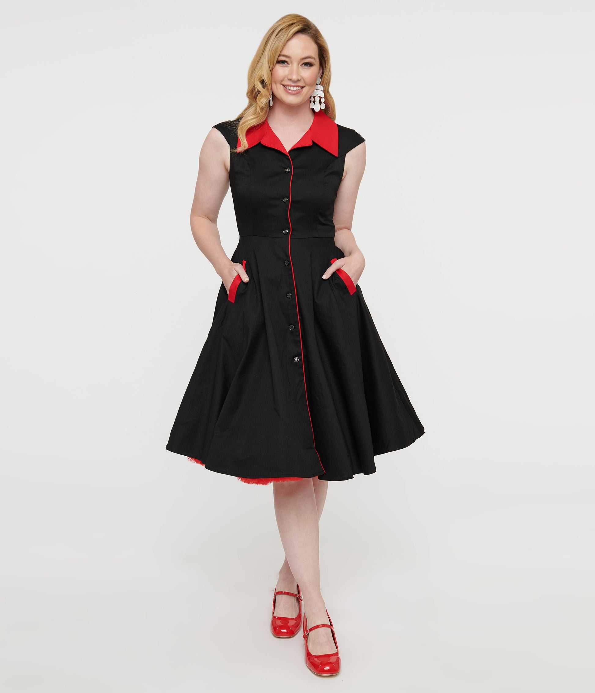 1950s Style Black & Red Cap Sleeve Button Up Diablo Swing Dress - Unique Vintage - Womens, DRESSES, SWING