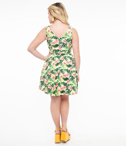 1950s Tropical Fruit Cocktail Cotton Flare Dress - Unique Vintage - Womens, DRESSES, FIT AND FLARE