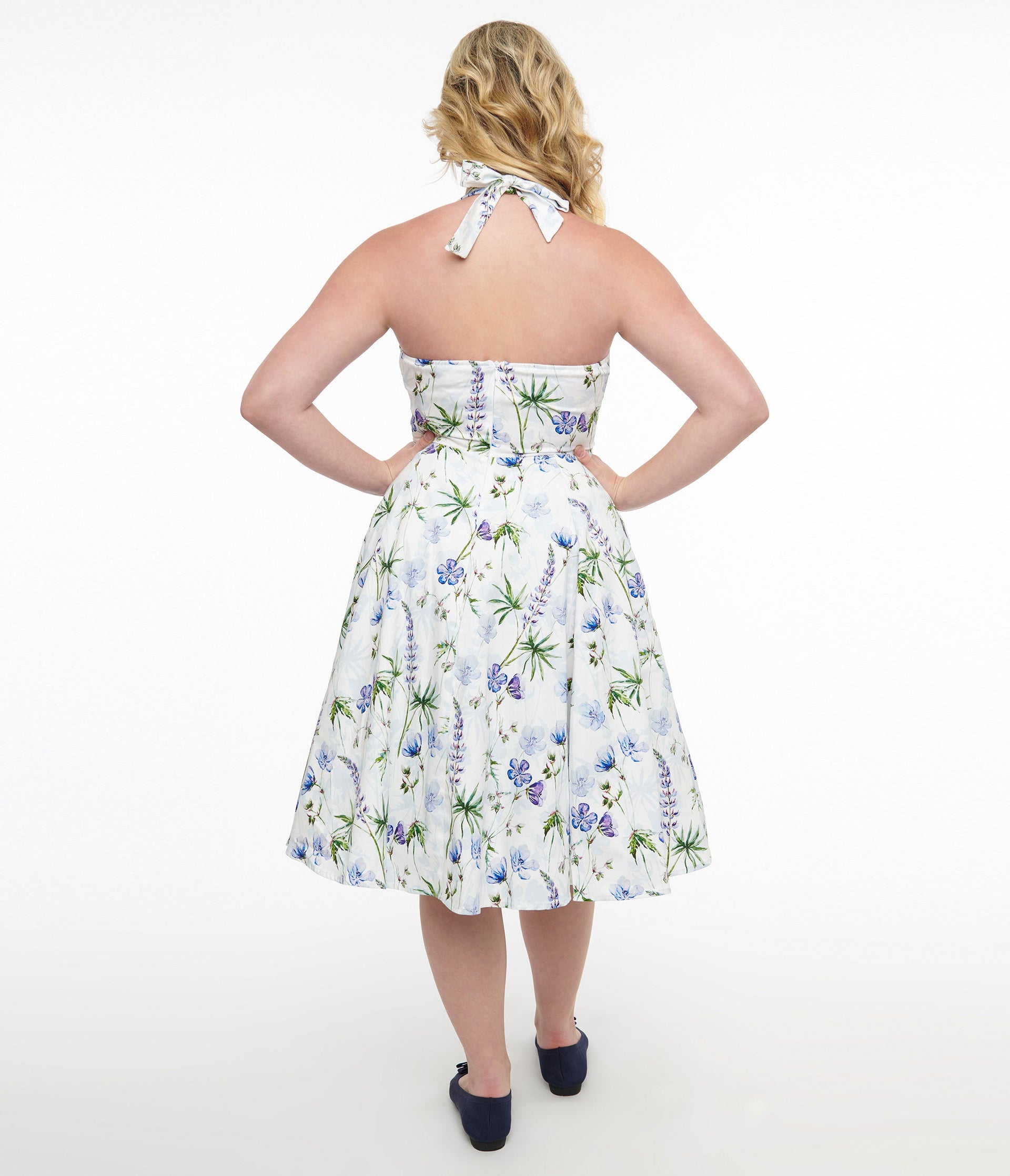 1950s White & Purple Floral Cotton Halter Swing Dress - Unique Vintage - Womens, DRESSES, SWING