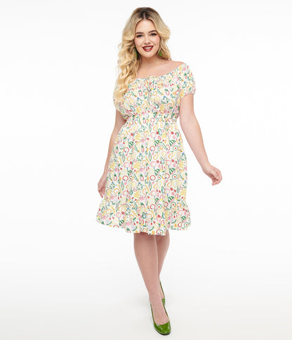 1950s White & Rainbow Fruit Print Fit & Flare Dress - Unique Vintage - Womens, DRESSES, FIT AND FLARE