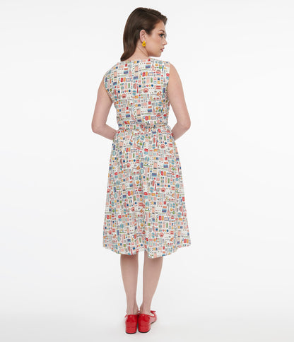 1950s White Sewing Print Cotton Swing Dress - Unique Vintage - Womens, DRESSES, FIT AND FLARE