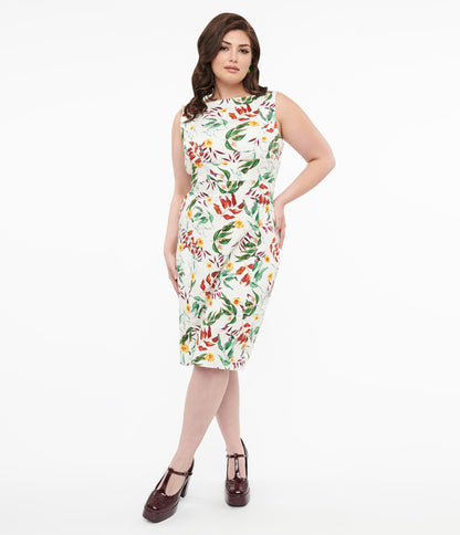 1950s White & Tropical Floral Cotton Jewel Wiggle Dress - Unique Vintage - Womens, DRESSES, WIGGLE