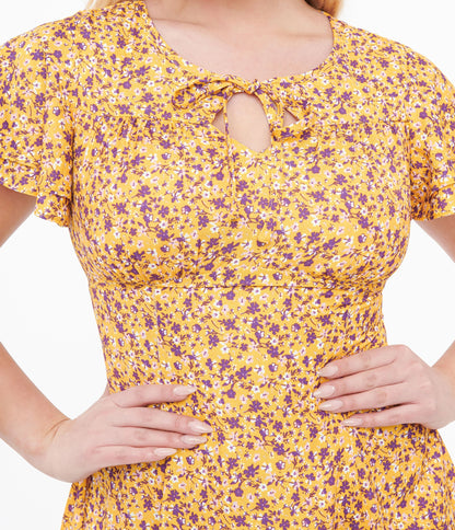 1950s Yellow & Purple Floral Capelet Swing Dress - Unique Vintage - Womens, DRESSES, SWING