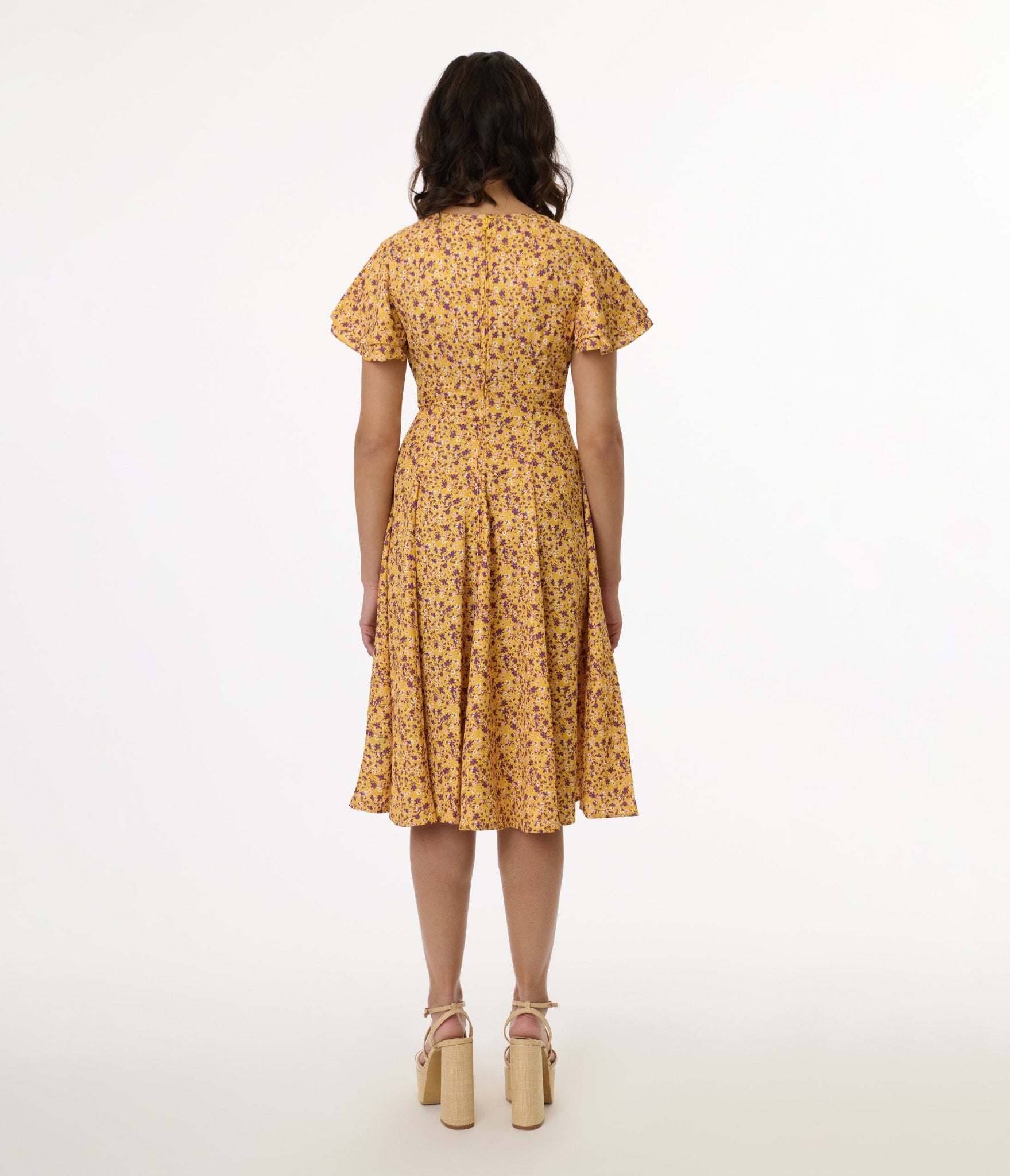 1950s Yellow & Purple Floral Capelet Swing Dress - Unique Vintage - Womens, DRESSES, SWING