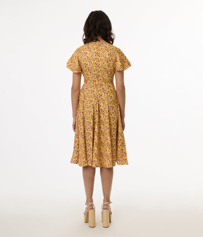 1950s Yellow & Purple Floral Capelet Swing Dress - Unique Vintage - Womens, DRESSES, SWING