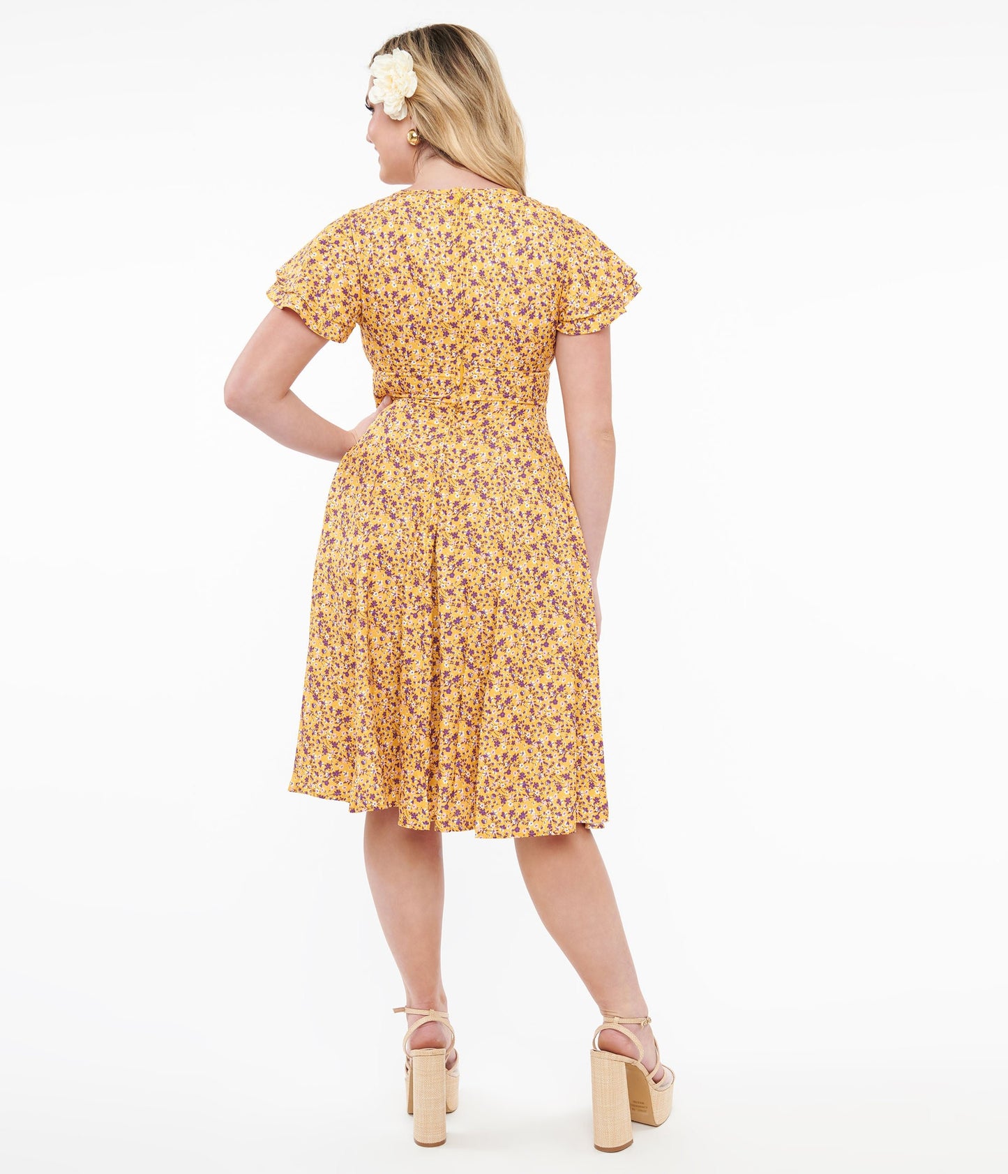 1950s Yellow & Purple Floral Capelet Swing Dress - Unique Vintage - Womens, DRESSES, SWING