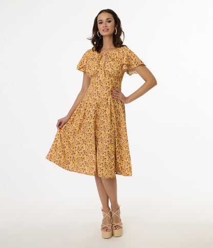 1950s Yellow & Purple Floral Capelet Swing Dress - Unique Vintage - Womens, DRESSES, SWING