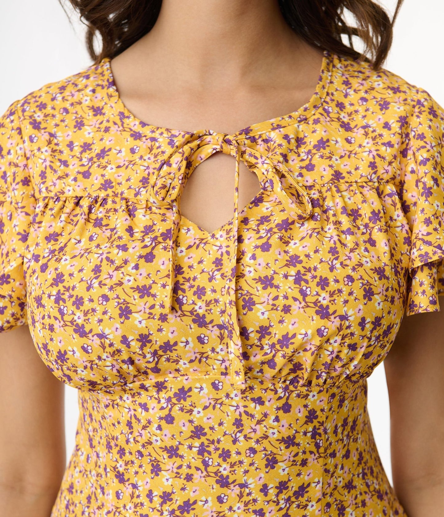 1950s Yellow & Purple Floral Capelet Swing Dress - Unique Vintage - Womens, DRESSES, SWING