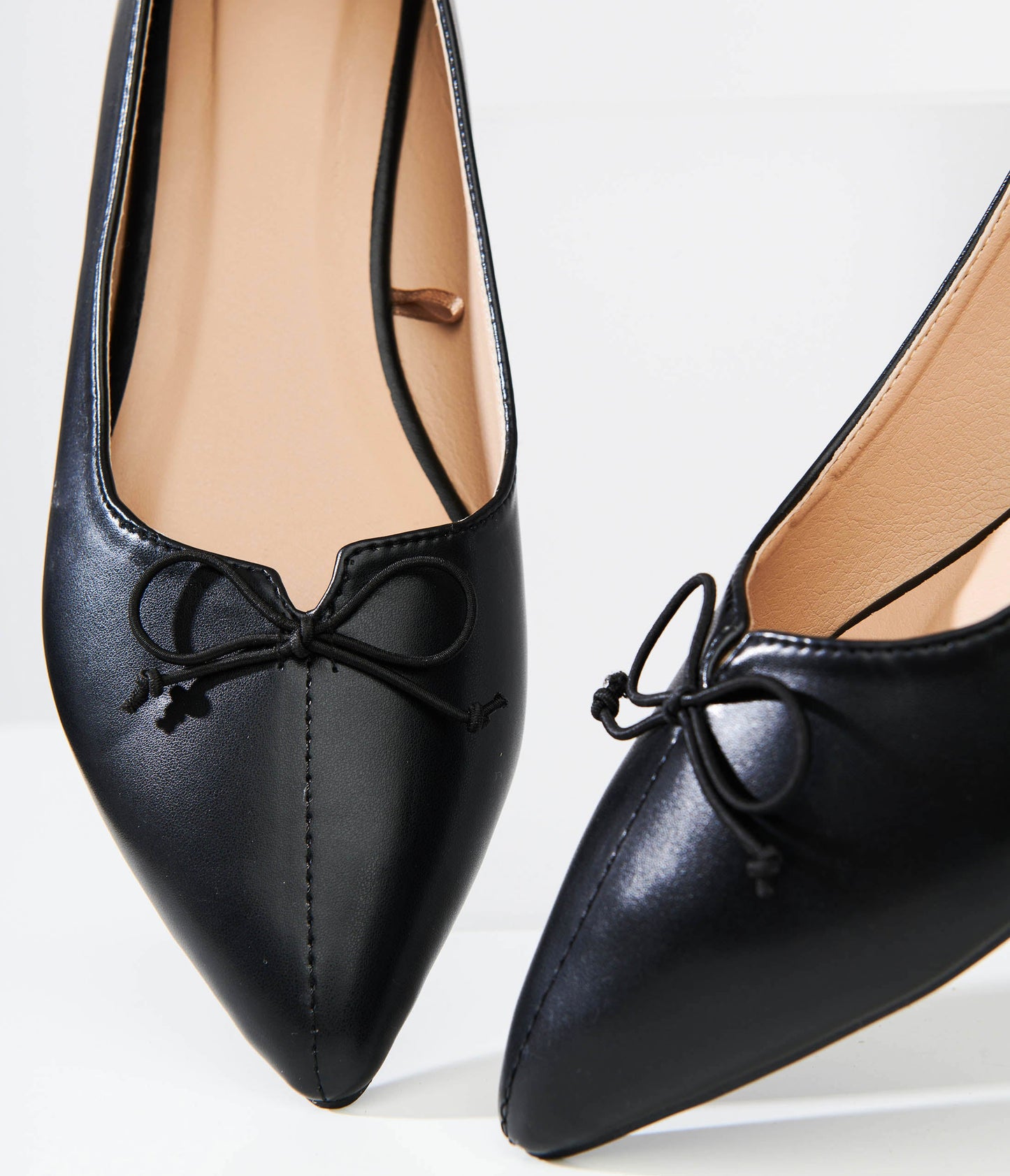 1960s Black Bow Pointed Leatherette Flats - Unique Vintage - Womens, SHOES, FLATS