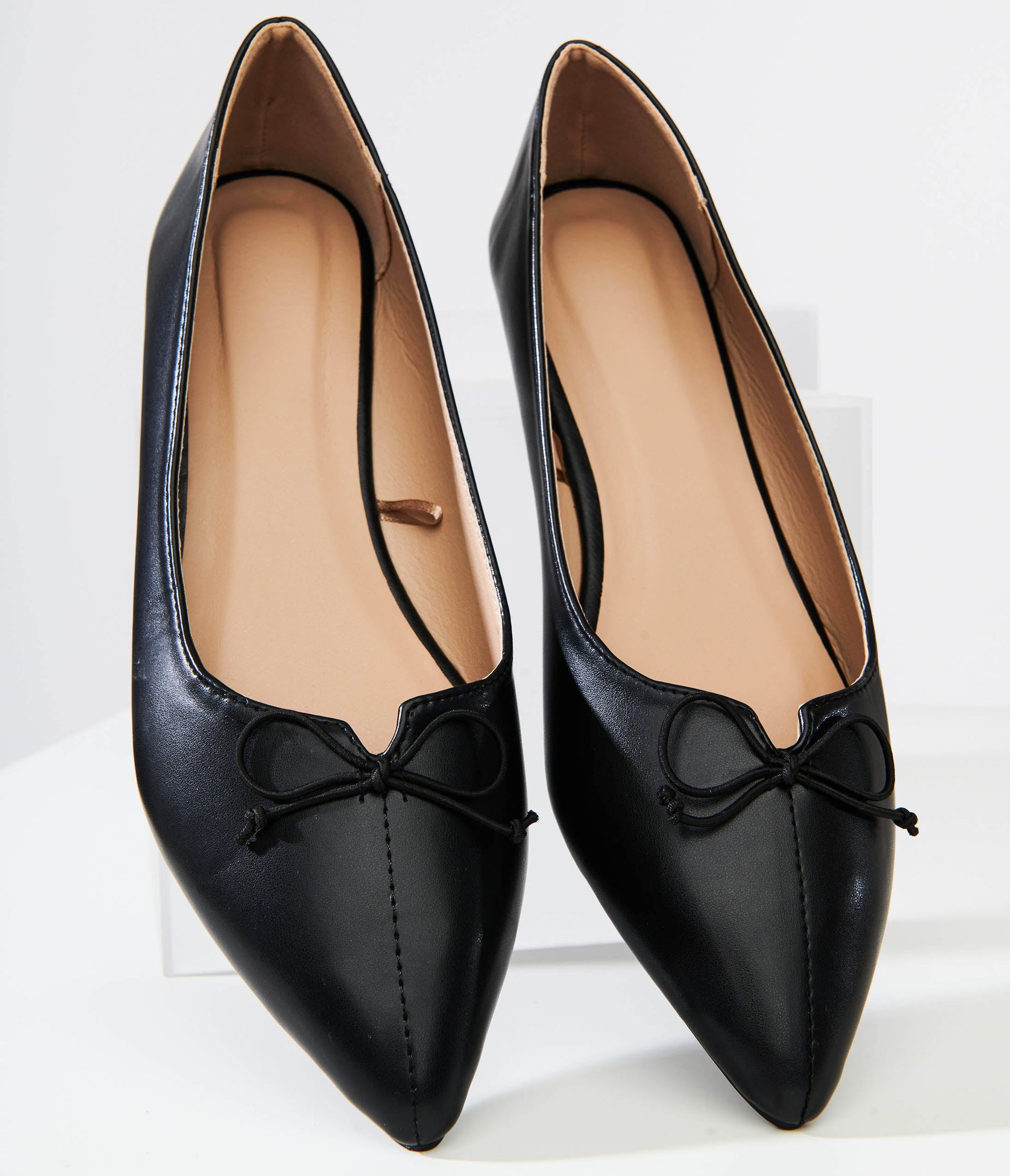 1960s Black Bow Pointed Leatherette Flats - Unique Vintage - Womens, SHOES, FLATS